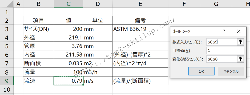 ゴールシークで流速計算してみる